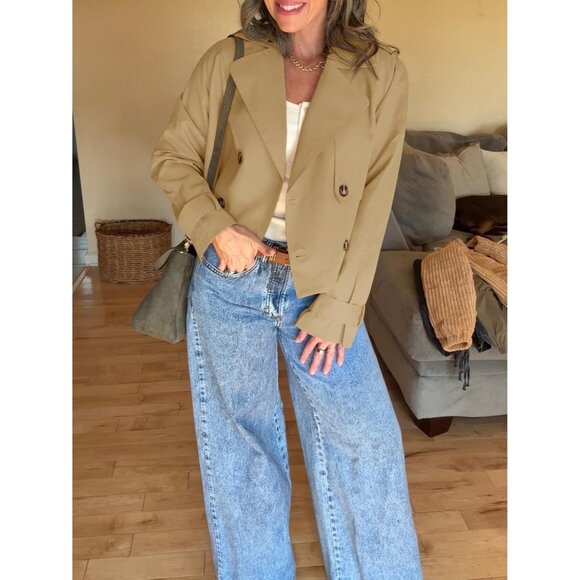 Womens Khaki Cropped Trench Coat Lapel Double Breasted Short Jacket Outwear - Picture 5 of 5